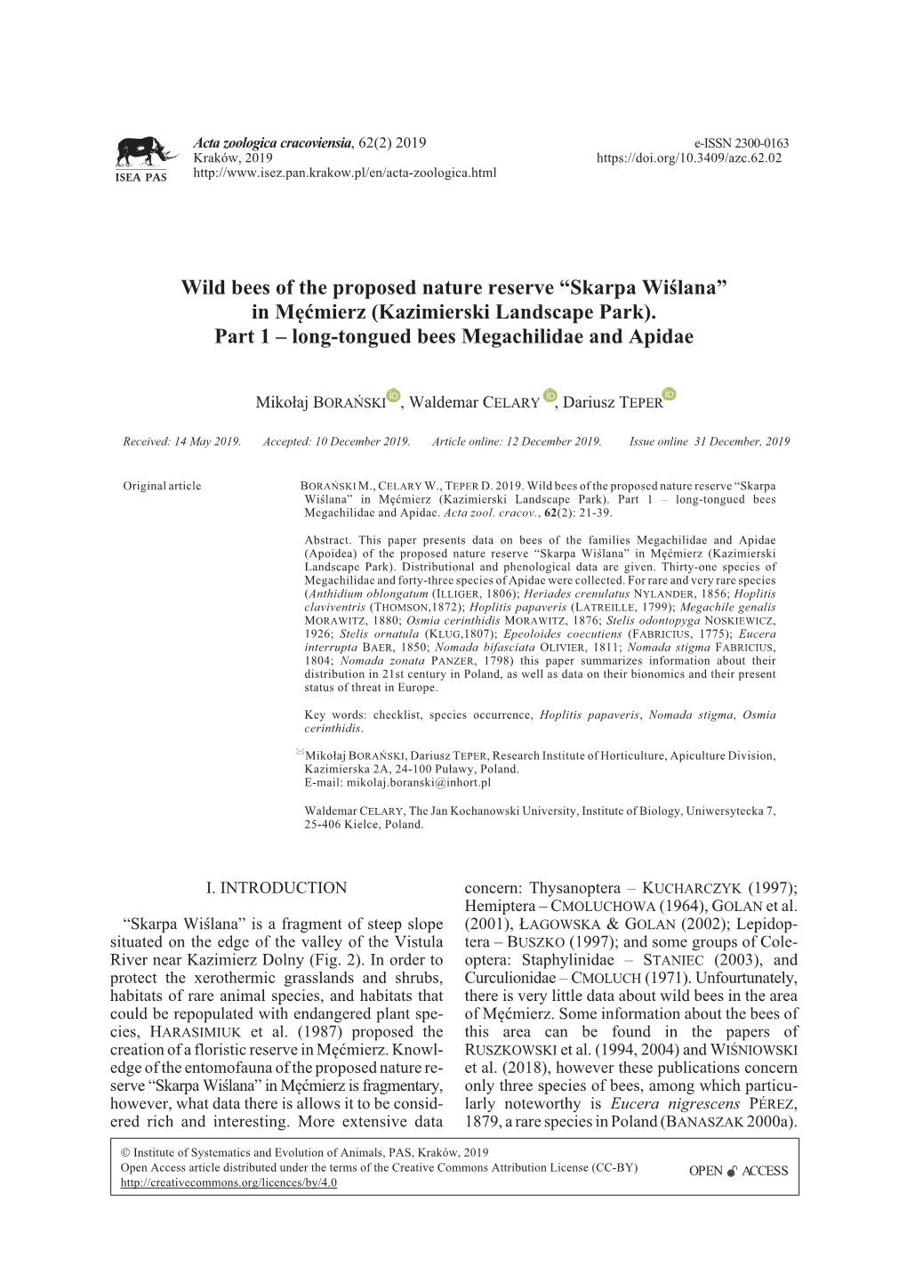 Wild Bees of the Proposed Nature Reserve “Skarpa Wiślana” in Męćmierz (Kazimierski Landscape Park). Part 1 – Long-Tongu