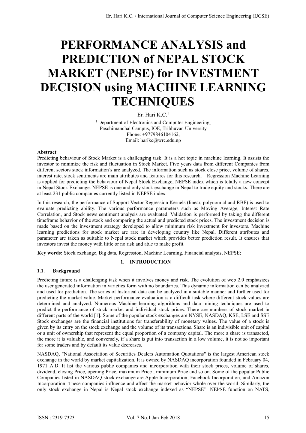 NEPSE) for INVESTMENT DECISION Using MACHINE LEARNING TECHNIQUES Er