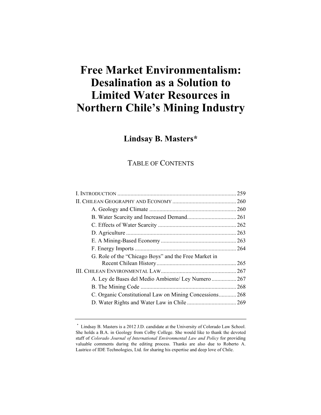 Free Market Environmentalism: Desalination As a Solution to Limited Water Resources in Northern Chile’S Mining Industry