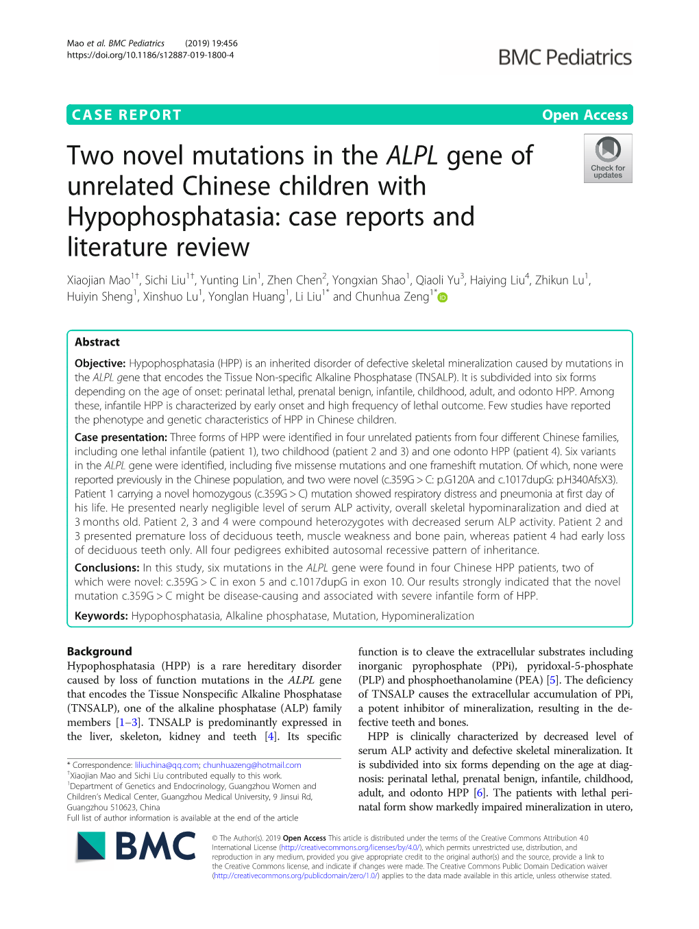 Two Novel Mutations in the ALPL Gene of Unrelated