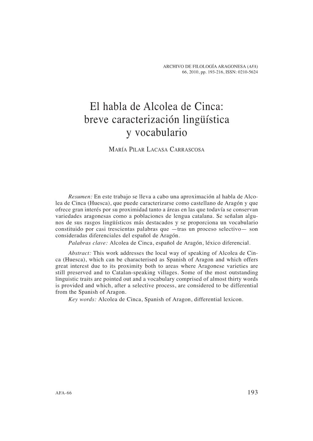 6. El Habla De Alcolea De Cinca: Breve Caracterización Lingüística Y