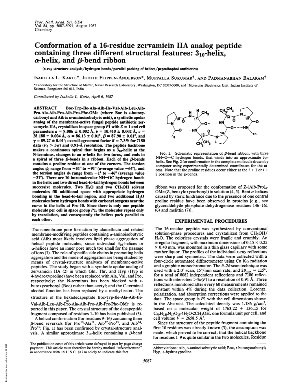 310-Helix, A-Helix, and A8-Bend Ribbon (X-Ray Structure Analysis/Hydrogen Bonds/Parallel Packing of Heilces/Peptaibophol Antibiotics) ISABELLA L