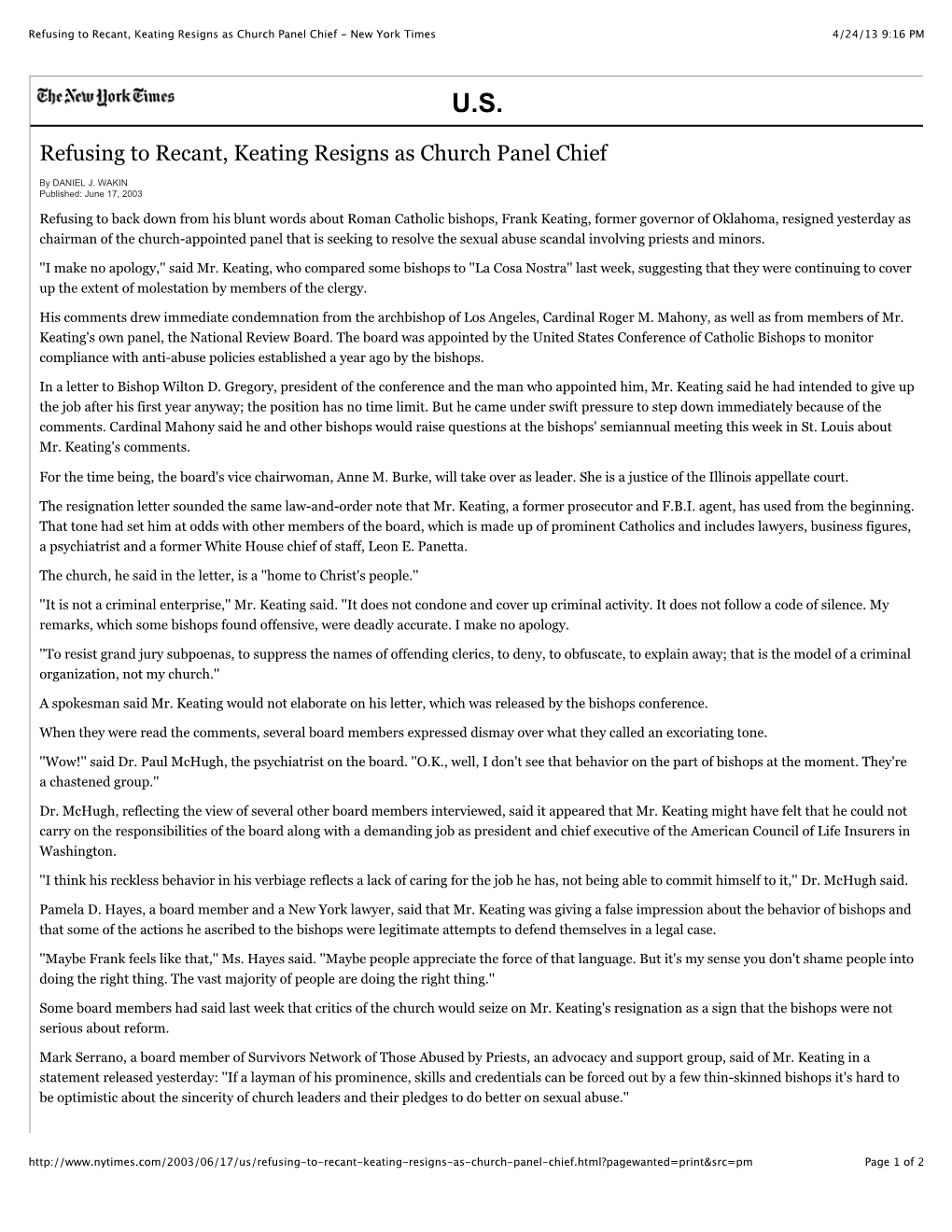 Refusing to Recant, Keating Resigns As Church Panel Chief - New York Times 4/24/13 9:16 PM