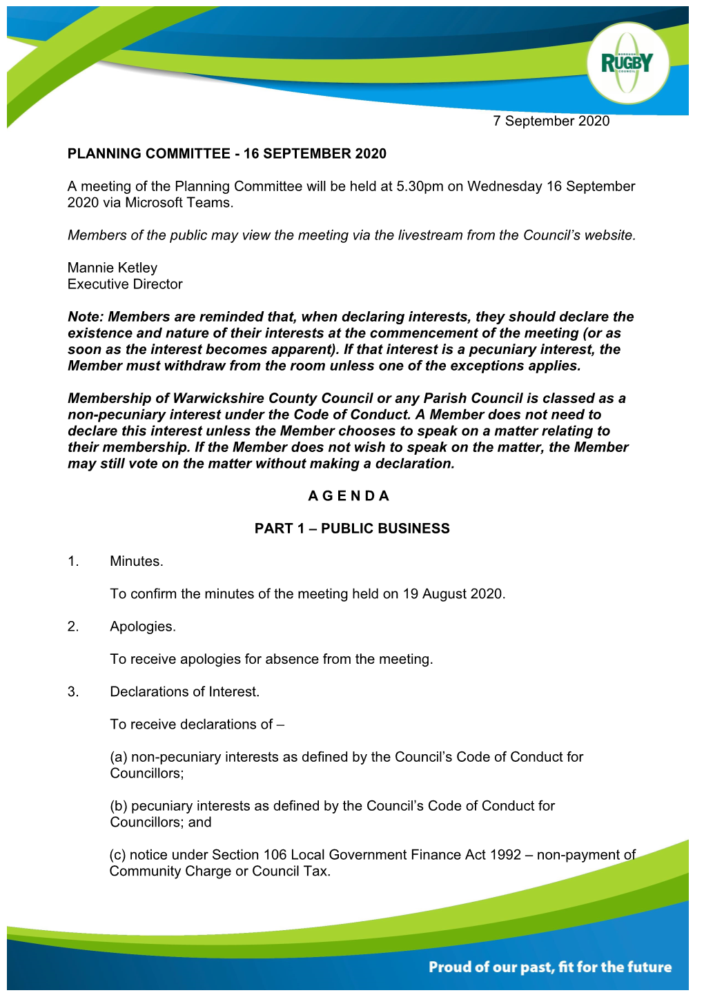 Planning Committee 16 September 2020 Agenda