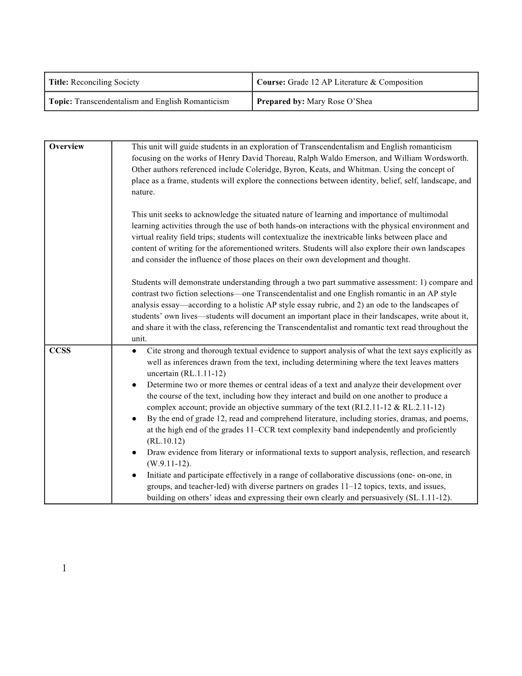 Title: Reconciling Society Course: Grade 12 AP Literature & Composition