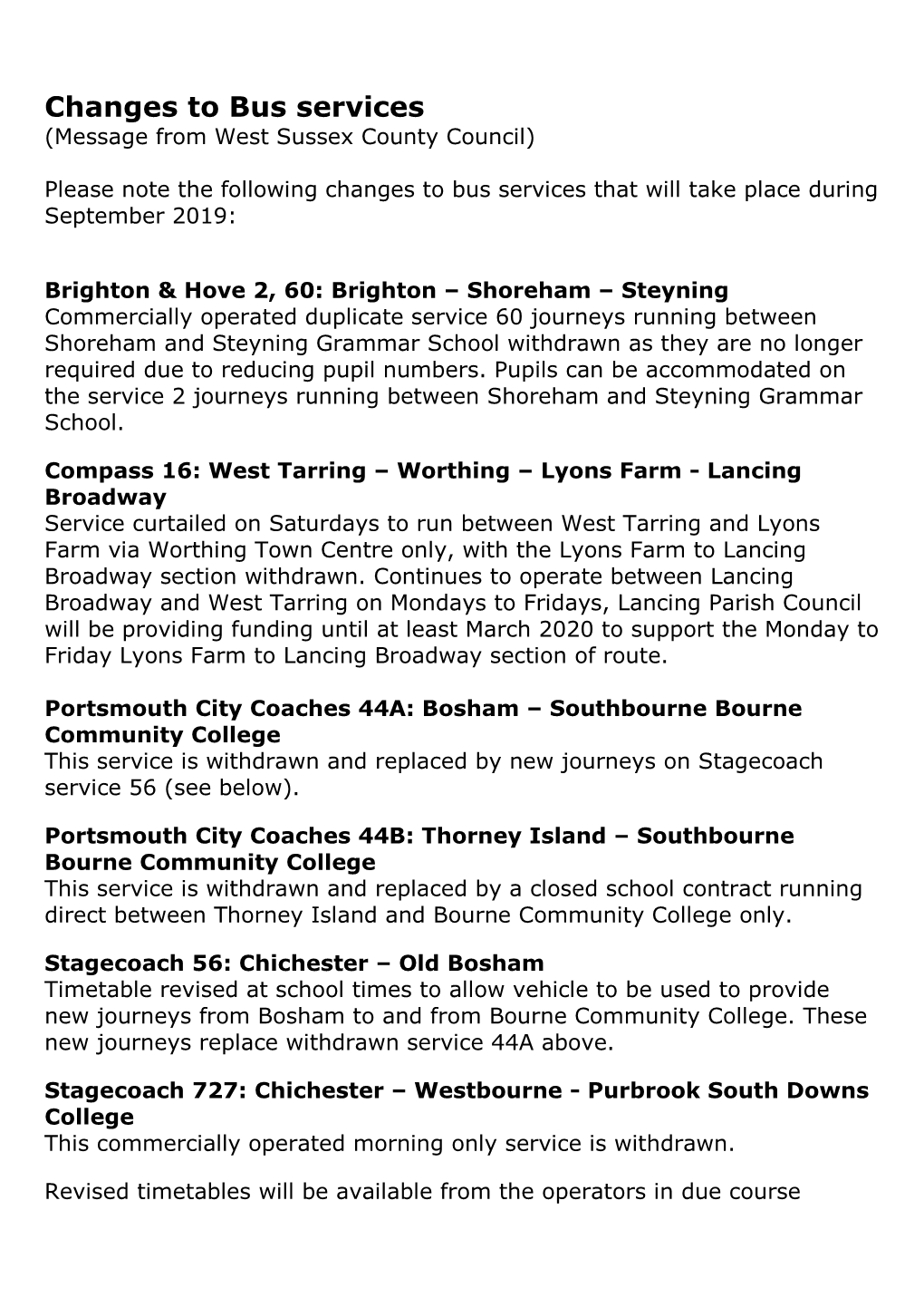 Changes to Bus Services (Message from West Sussex County Council)