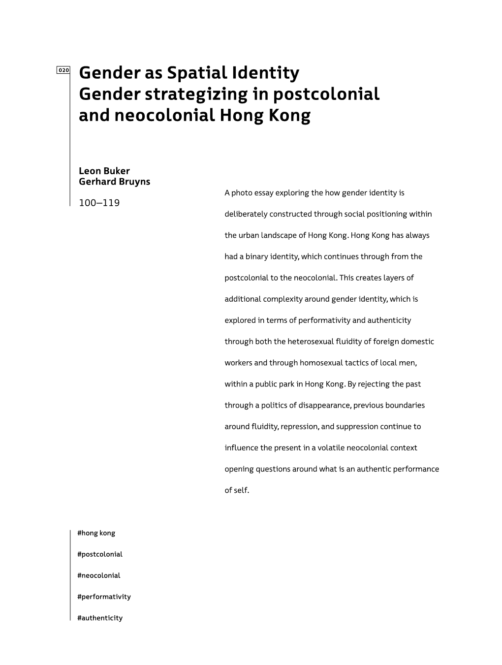 Gender As Spatial Identity Gender Strategizing in Postcolonial and Neocolonial Hong Kong