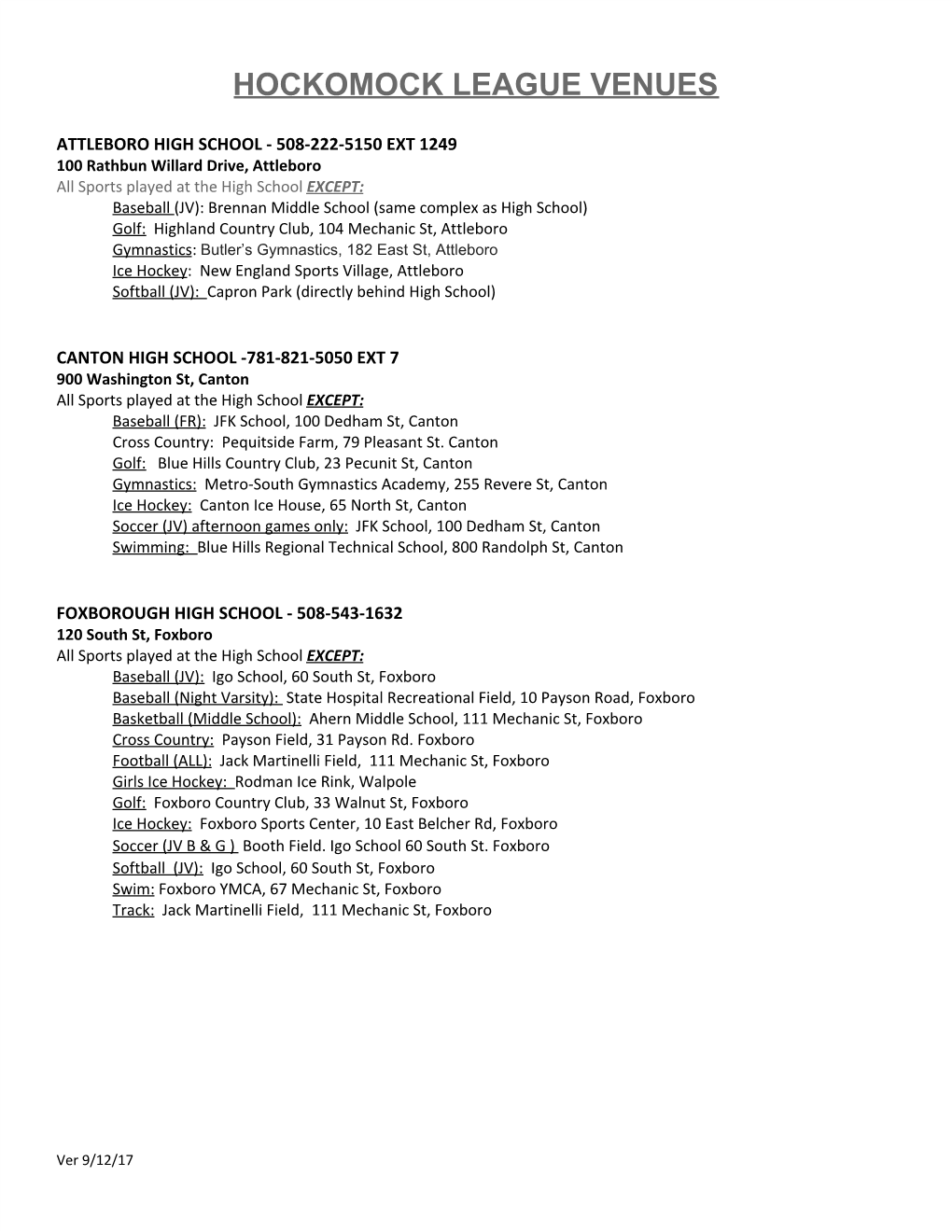 Hockomock League Venues