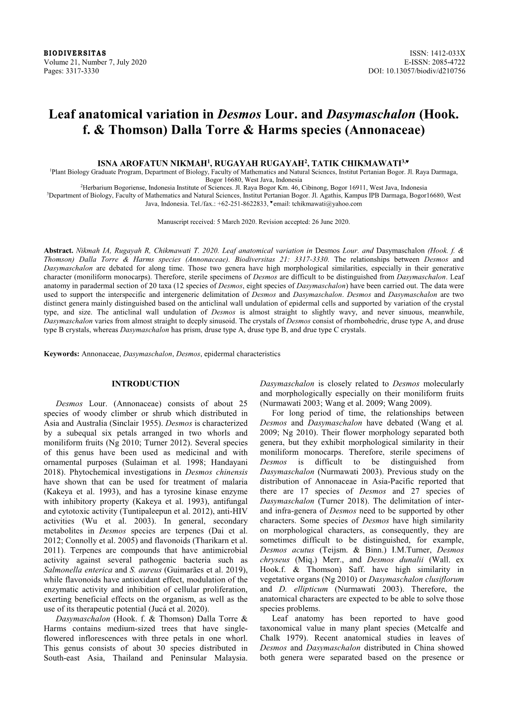 Leaf Anatomical Variation in Desmos Lour. and Dasymaschalon (Hook. F