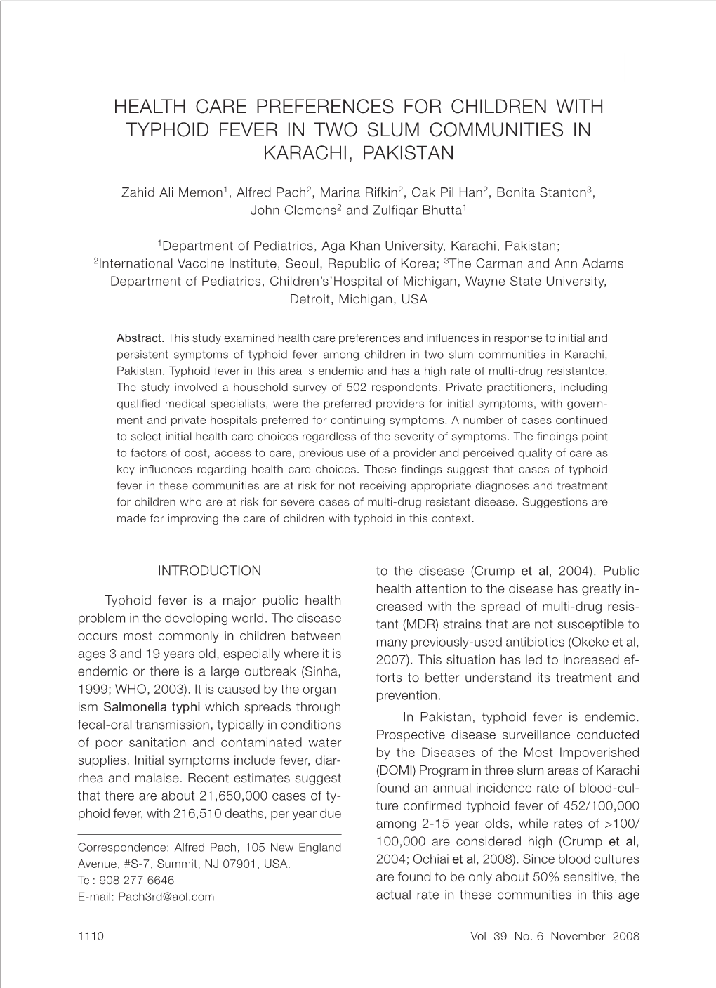 Health Care Preferences for Children with Typhoid Fever in Two Slum Communities in Karachi, Pakistan