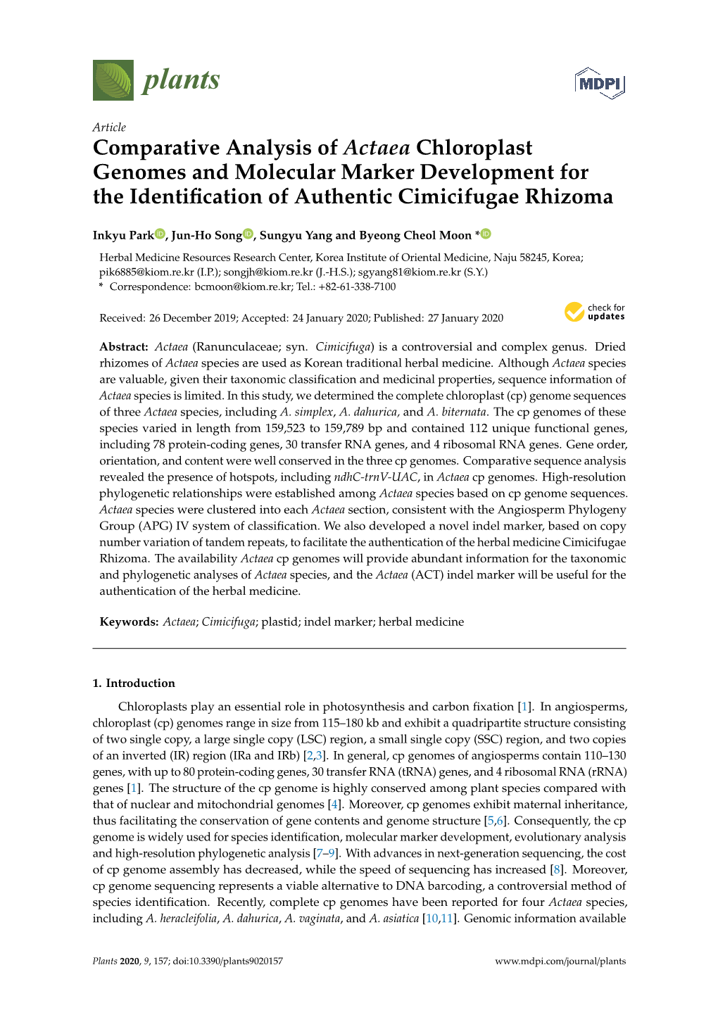 Comparative Analysis of Actaea Chloroplast Genomes and Molecular Marker Development for the Identification of Authentic Cimicifugae Rhizoma