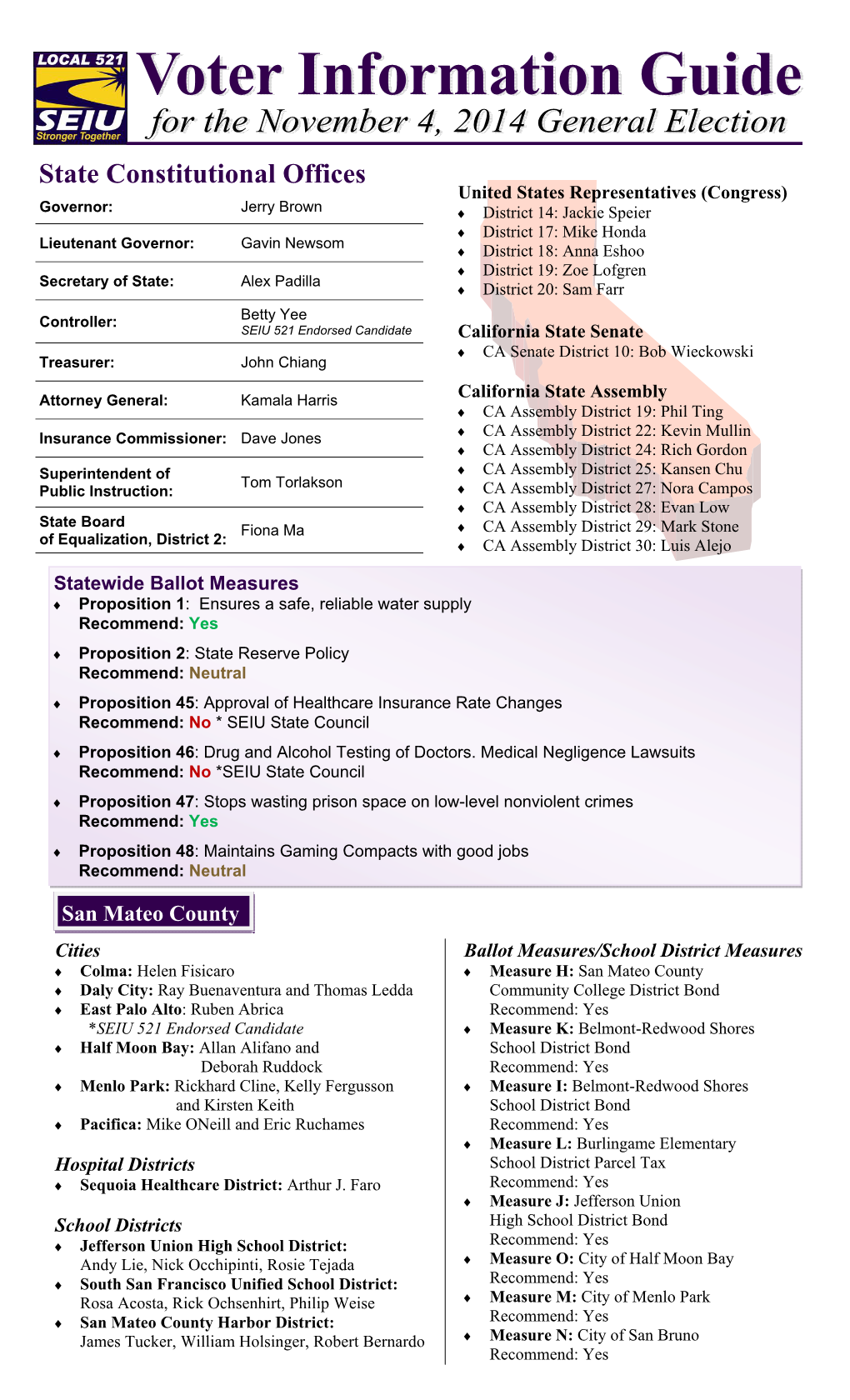 2014 General Election Endorsements, Regions 1 & 6