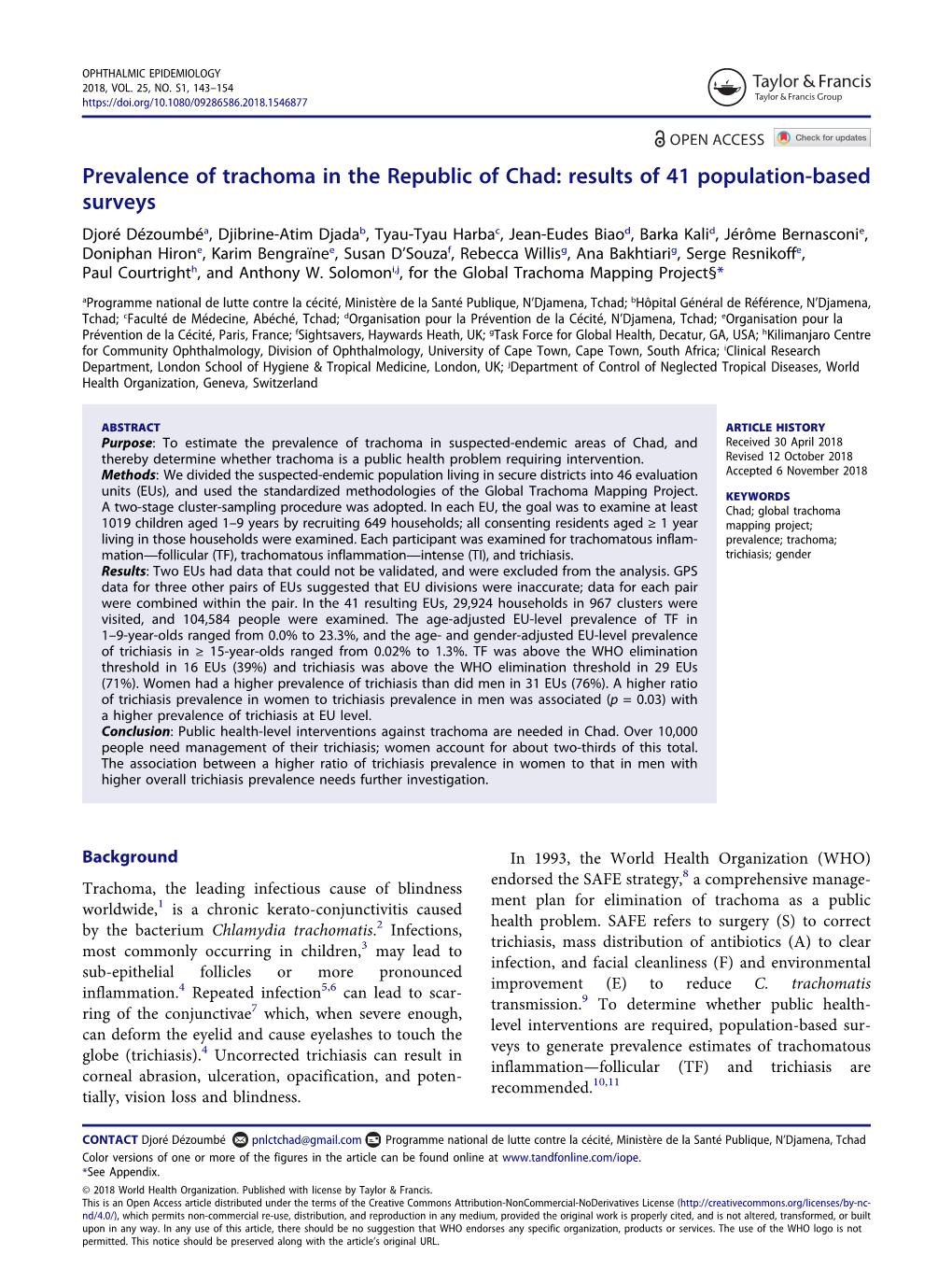 Prevalence of Trachoma in the Republic of Chad: Results of 41 Population-Based Surveys