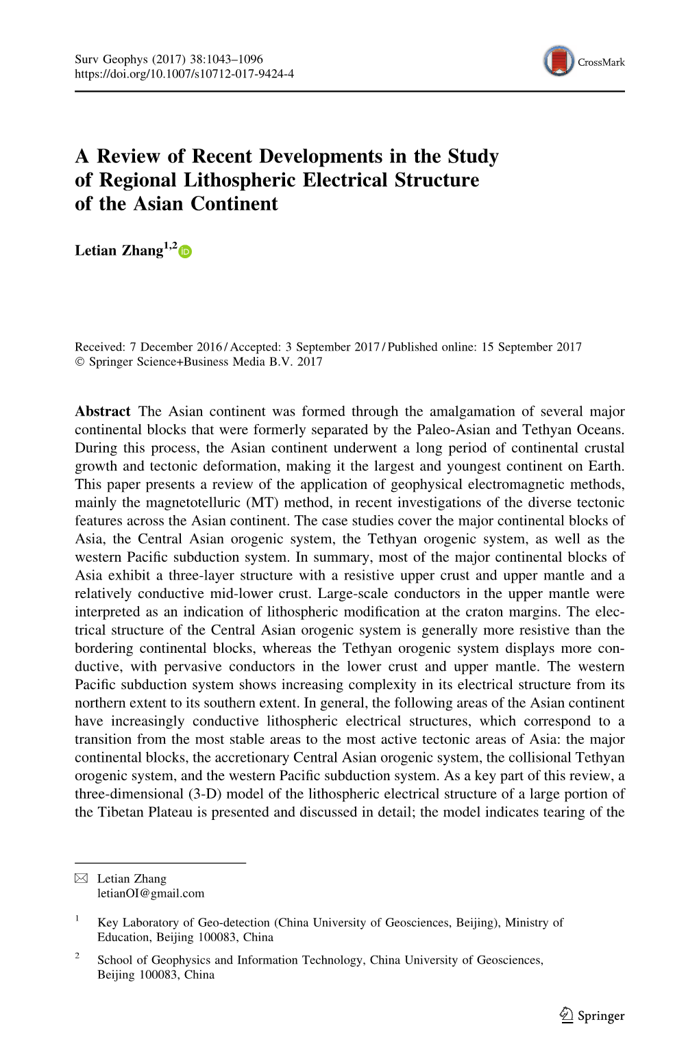 A Review of Recent Developments in the Study of Regional Lithospheric Electrical Structure of the Asian Continent