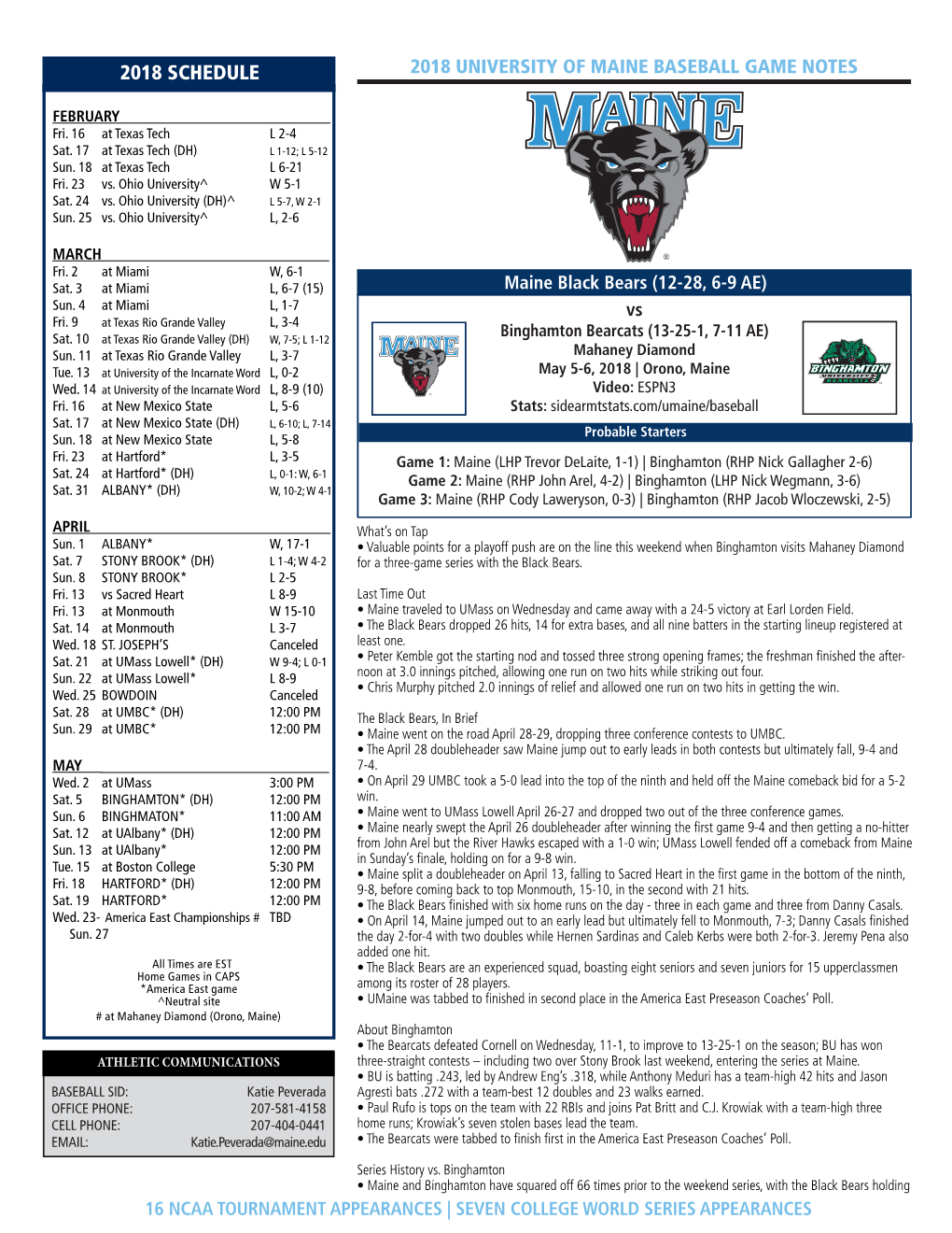 2018 Schedule 2018 University of Maine Baseball Game Notes