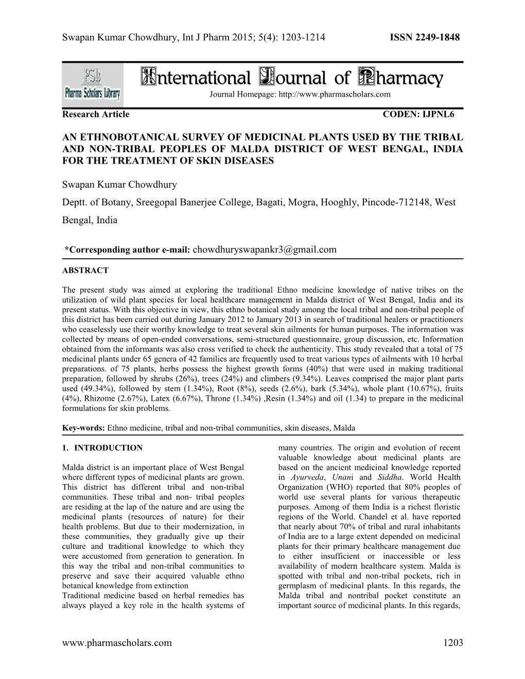 An Ethnobotanical Survey of Medicinal Plants Used by the Tribal and Non-Tribal Peoples of Malda District of West Bengal, India for the Treatment of Skin Diseases