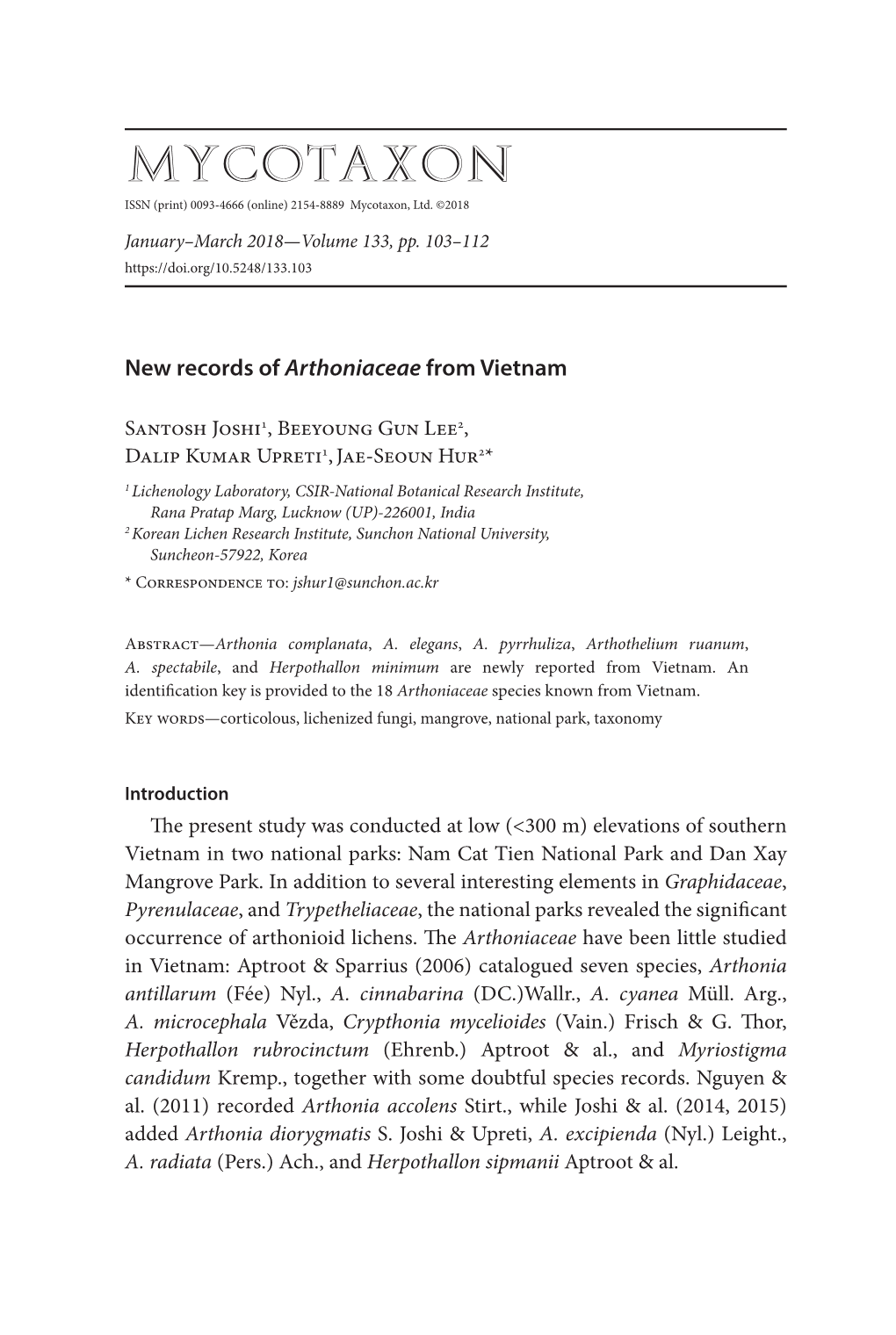 New Records of <I>Arthoniaceae</I> from Vietnam