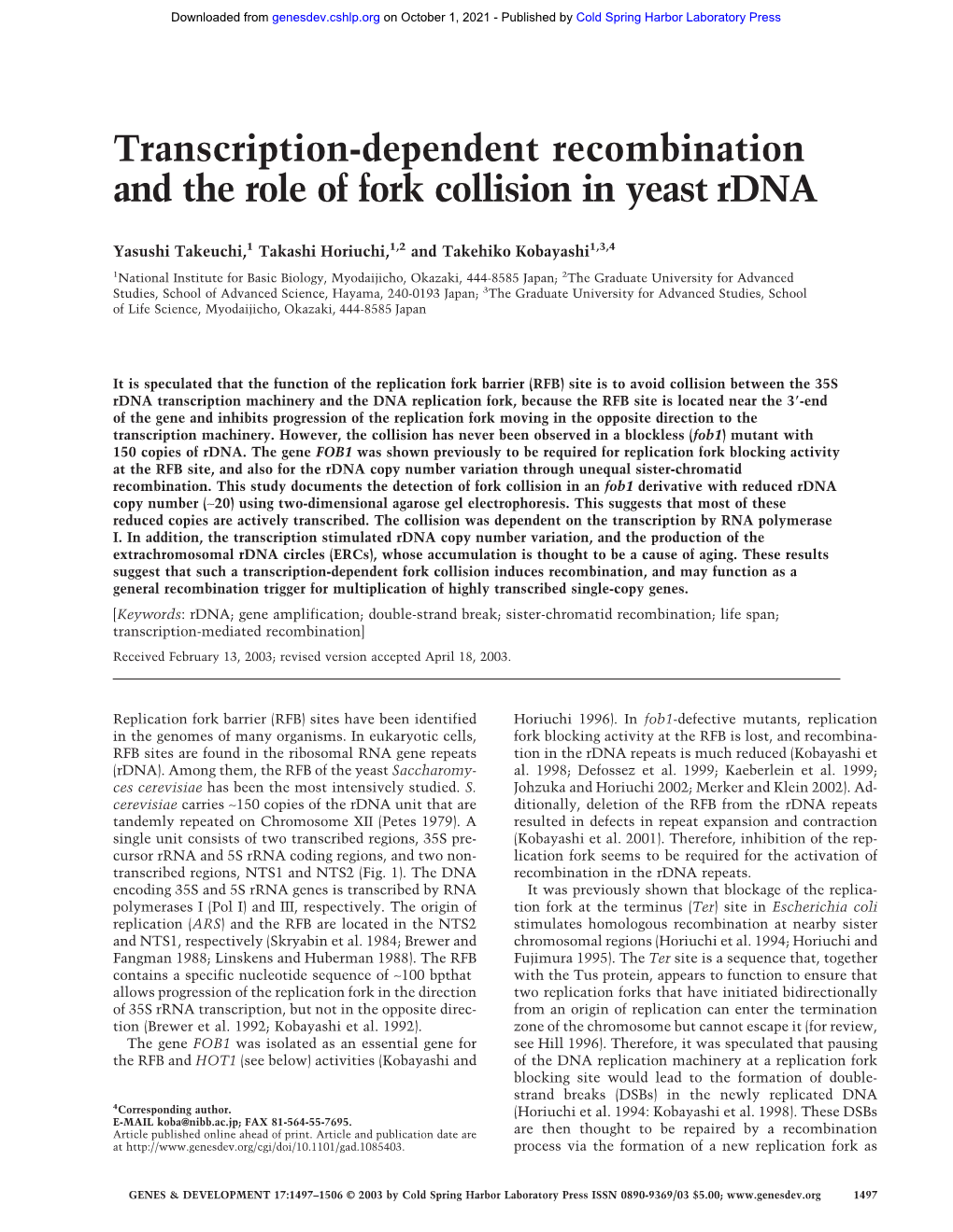 Transcription-Dependent Recombination and the Role of Fork Collision in Yeast Rdna