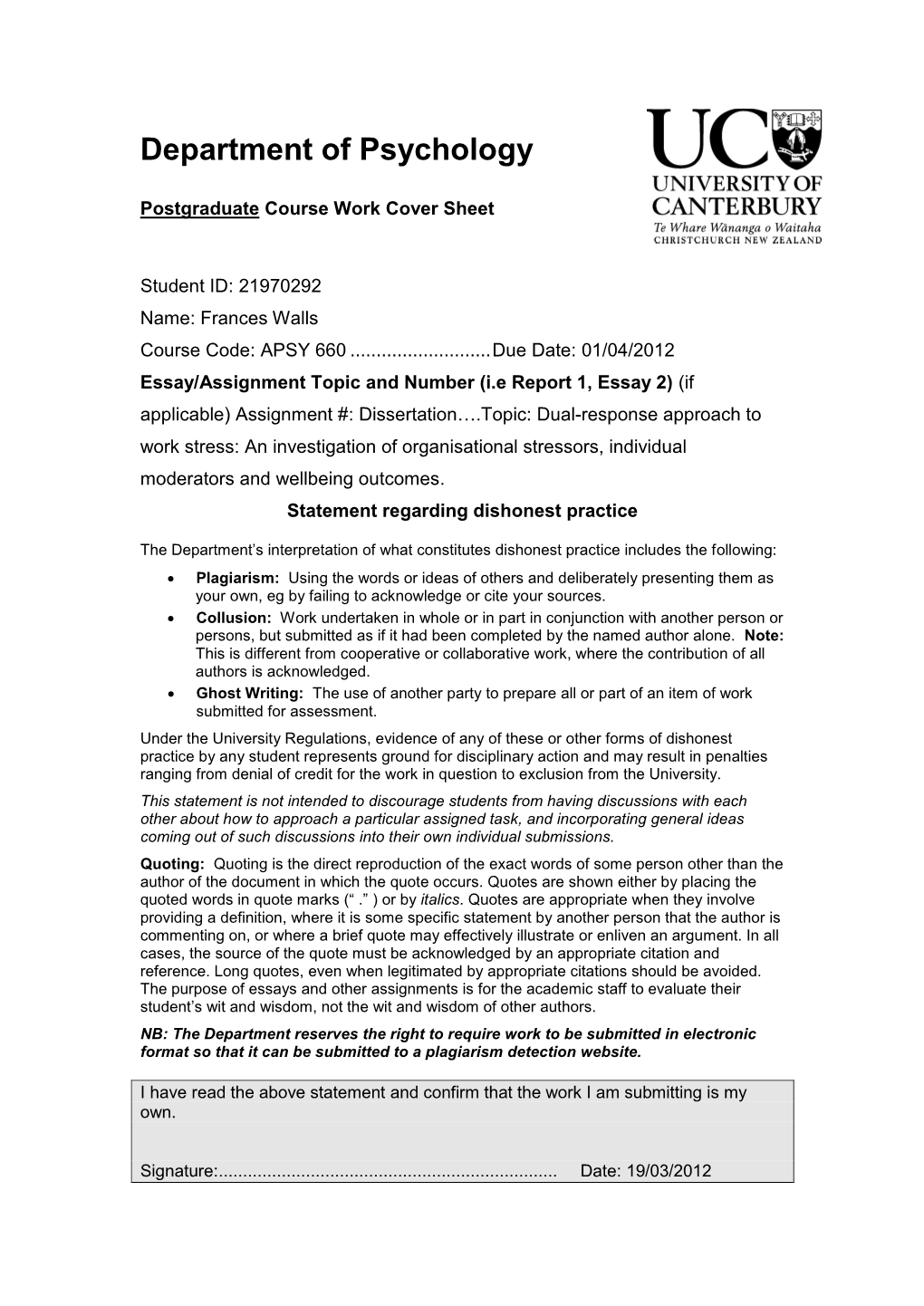 An Investigation of Organisational Stressor, Individual Moderators And