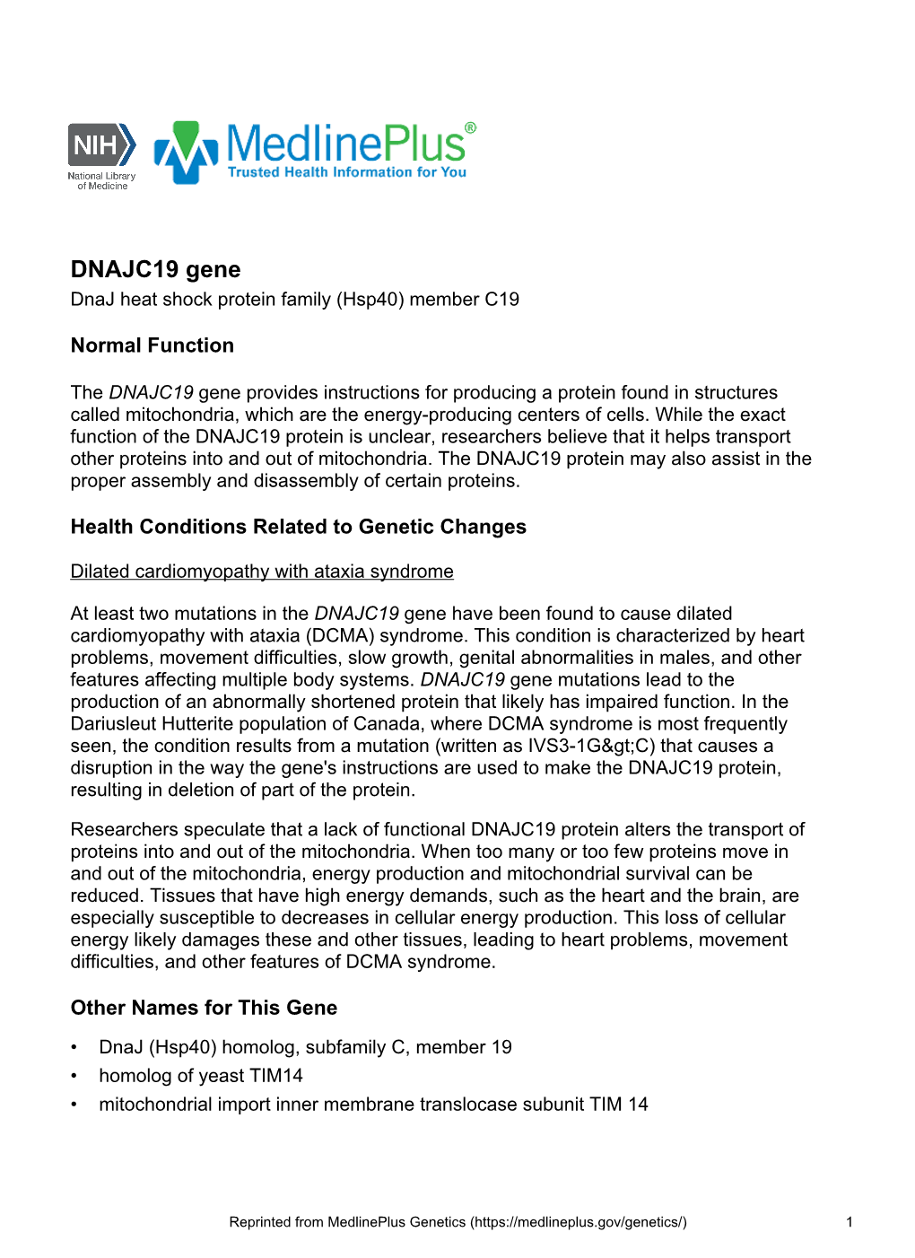 DNAJC19 Gene Dnaj Heat Shock Protein Family (Hsp40) Member C19