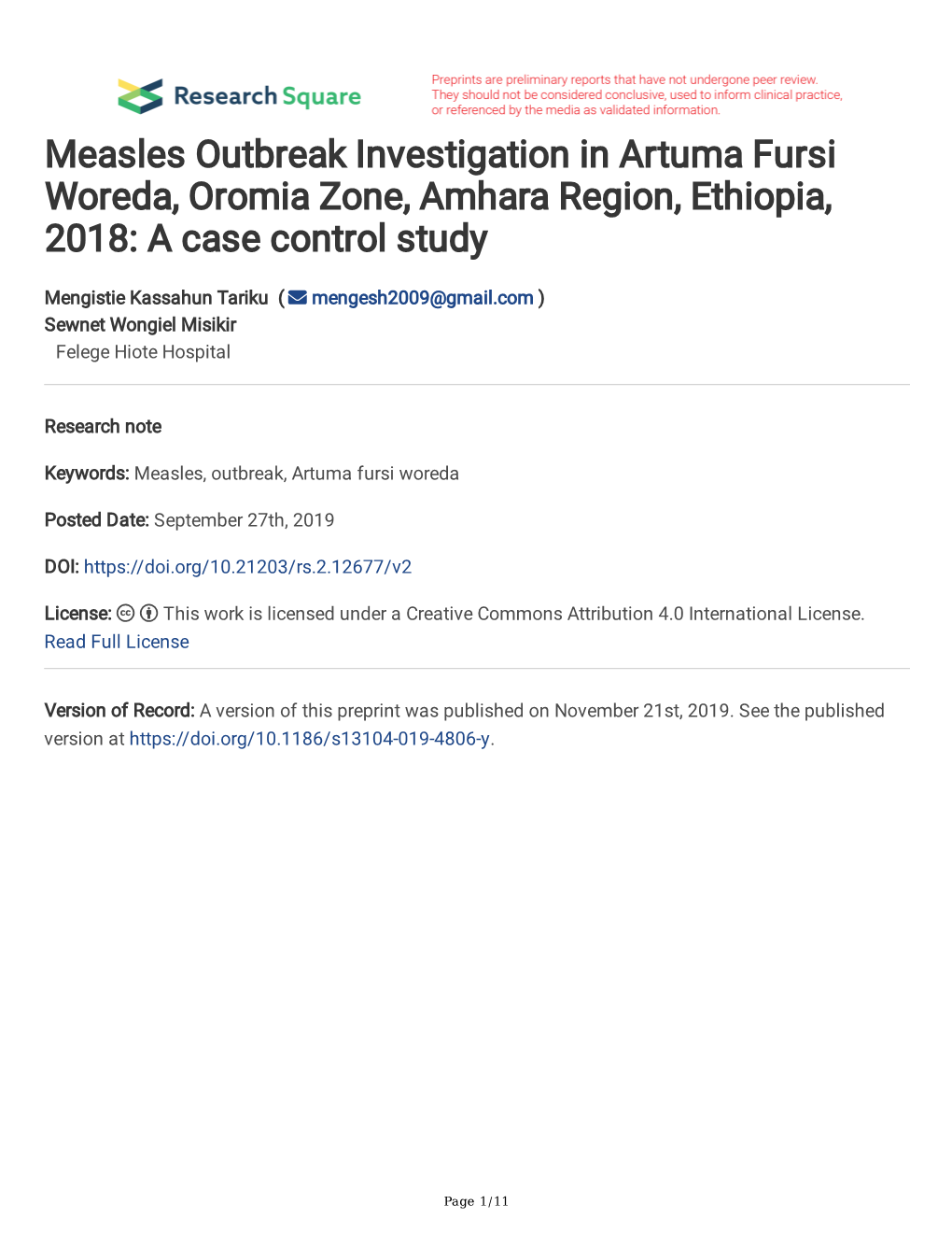 Measles Outbreak Investigation in Artuma Fursi Woreda, Oromia Zone, Amhara Region, Ethiopia, 2018: a Case Control Study