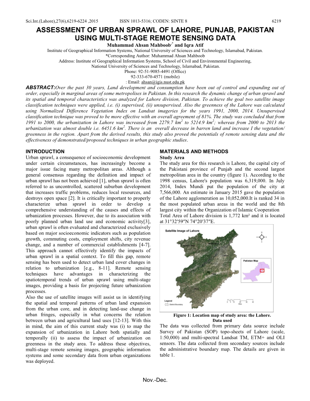 Assessment of Urban Sprawl of Lahore, Punjab, Pakistan Using Multi-Stage