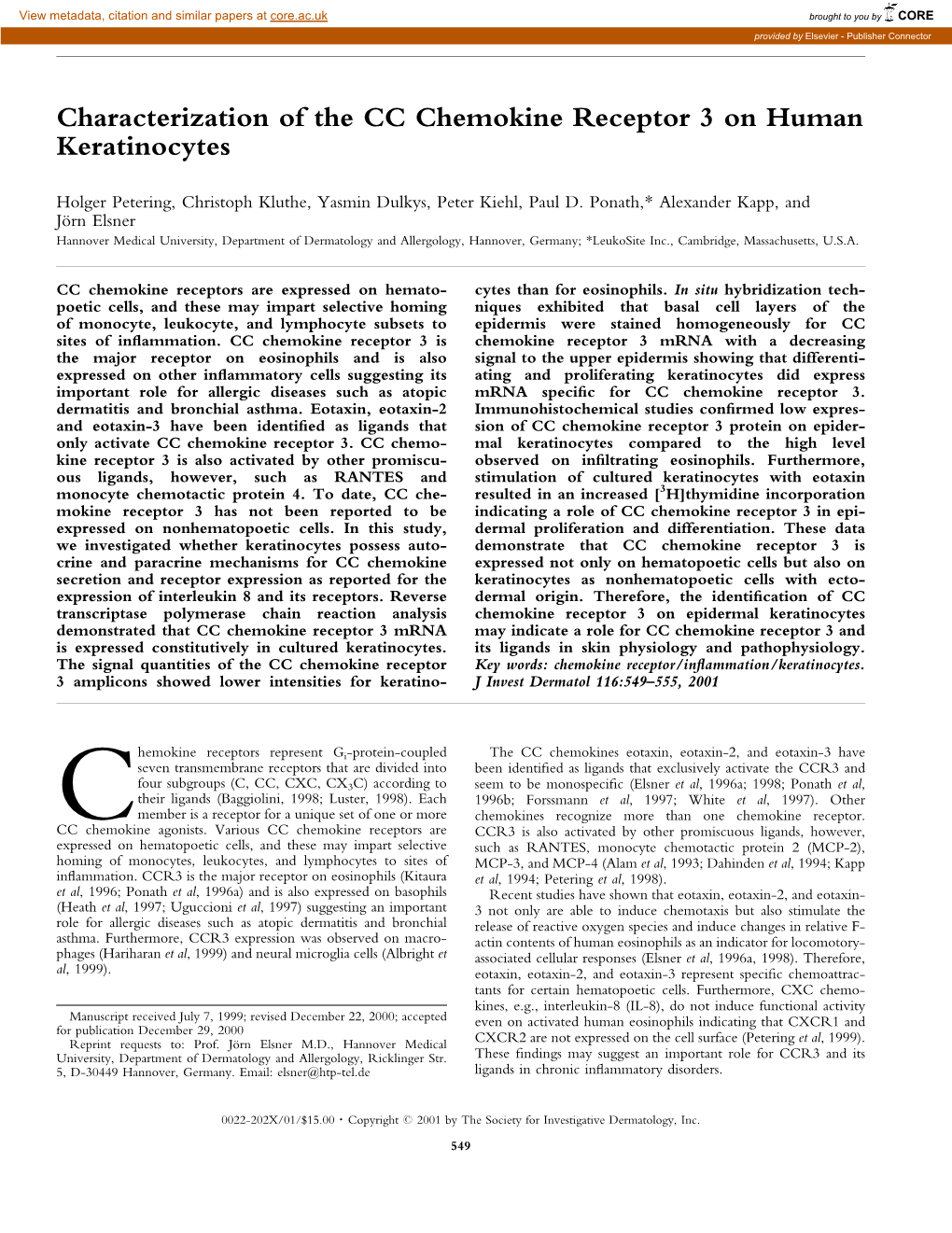 Characterization of the CC Chemokine Receptor 3 on Human Keratinocytes