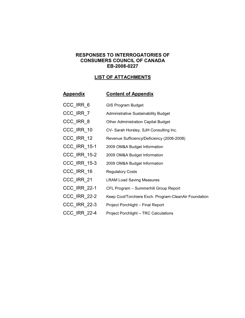 Responses to Interrogatories of Consumers Council of Canada Eb-2008-0227