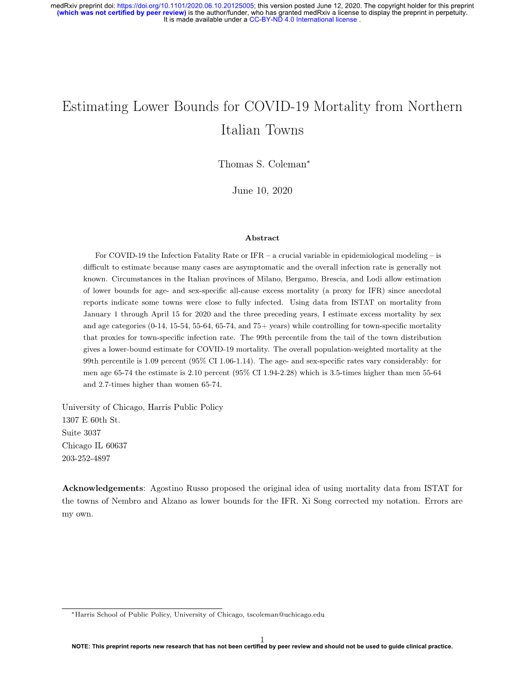 Estimating Lower Bounds for COVID-19 Mortality from Northern Italian Towns