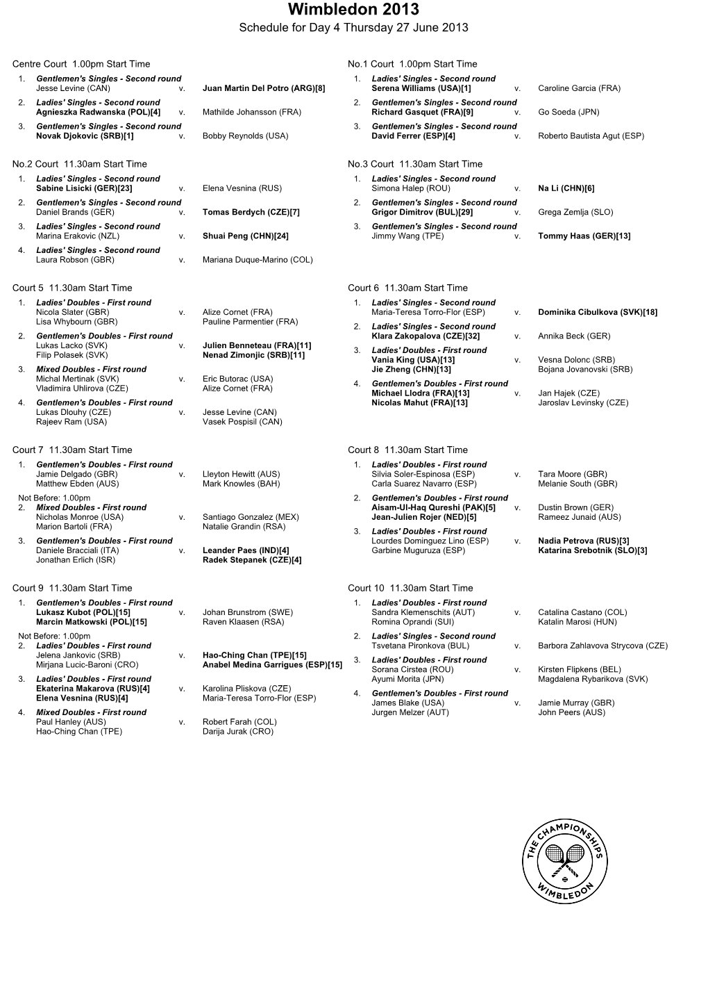 Wimbledon 2013 Schedule for Day 4 Thursday 27 June 2013