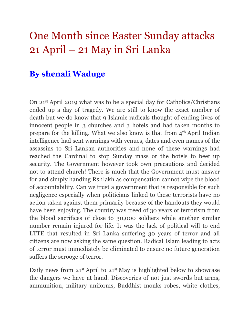 One Month Since Easter Sunday Attacks 21 April – 21 May in Sri Lanka