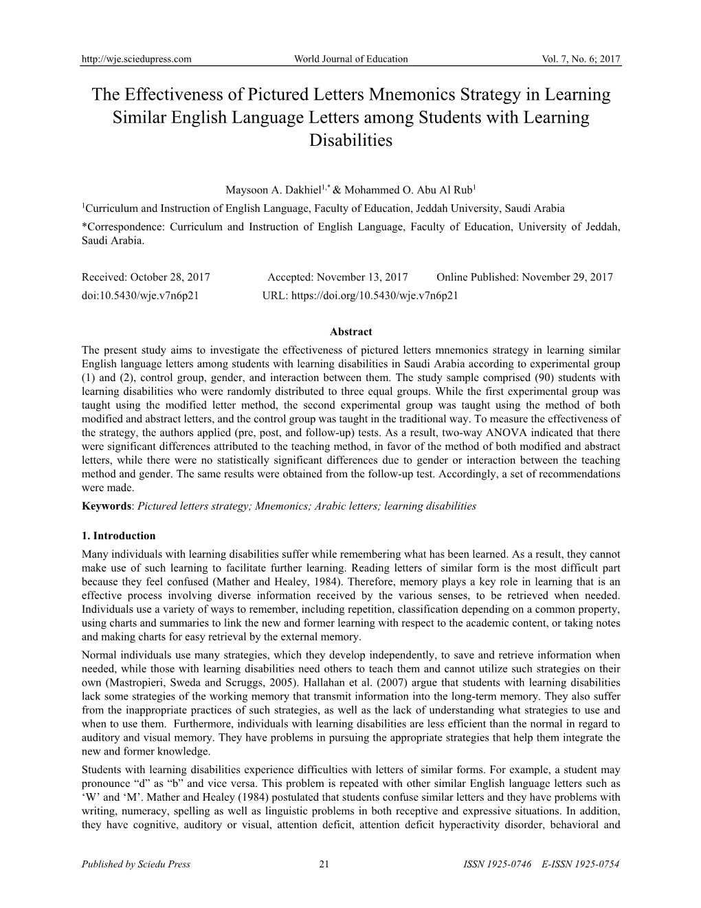 The Effectiveness of Pictured Letters Mnemonics Strategy in Learning Similar English Language Letters Among Students with Learning Disabilities