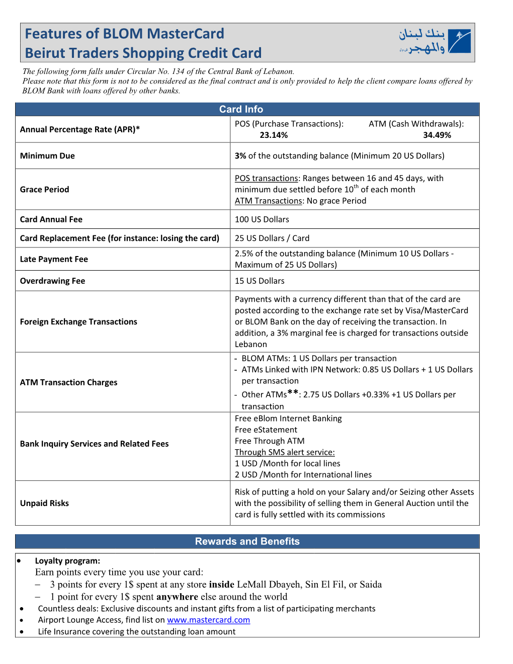 Features of BLOM Mastercard Beirut Traders Shopping Credit Card