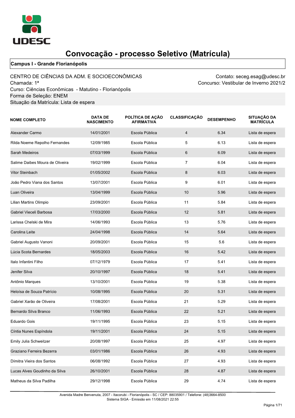 Convocação - Processo Seletivo (Matrícula) Campus I - Grande Florianópolis