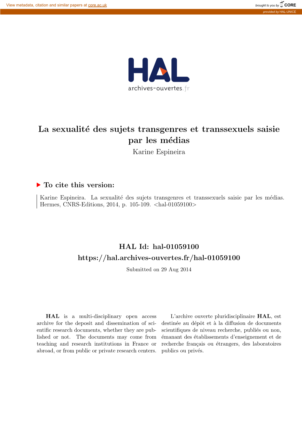 La Sexualité Des Sujets Transgenres Et Transsexuels Saisie Par Les Médias », Karine Espineira, Revue Hermès, « Sexualités », Paris : Éditions CNRS, 2014, P