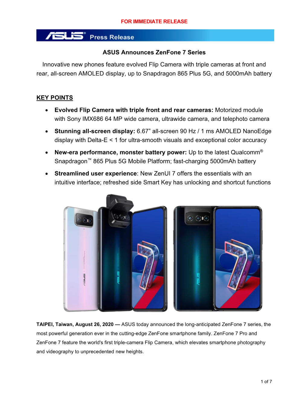 ASUS Announces Zenfone 7 Series Innovative New Phones Feature