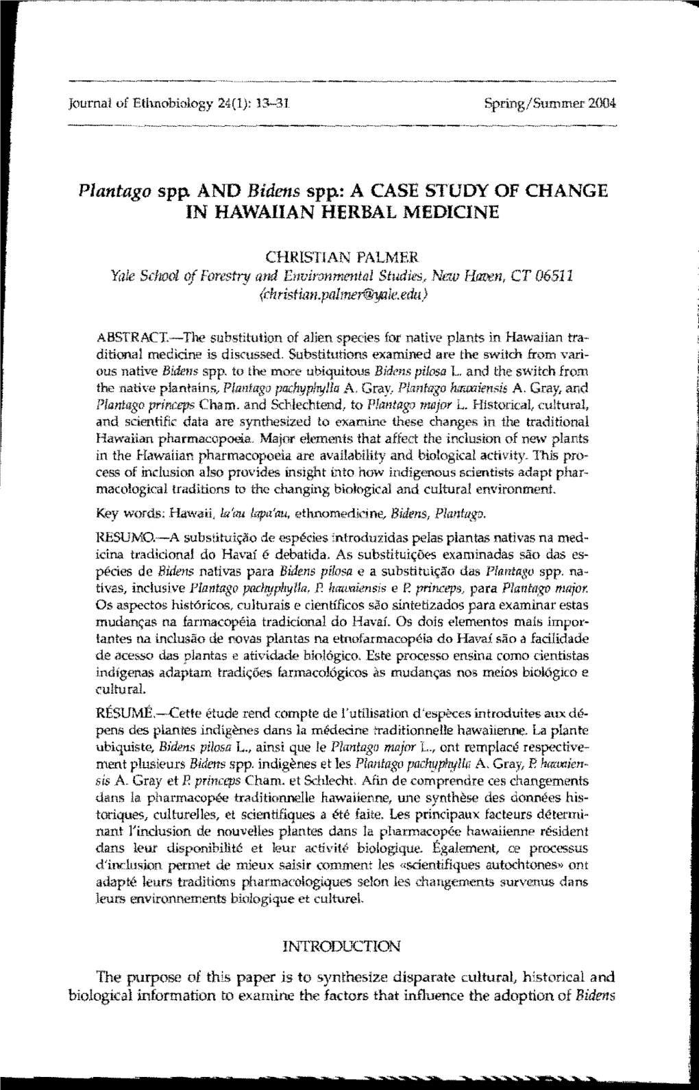 Plantago Spp. and Bidens Spp.: a CASE STUDY of CHANGE in HAWAIIAN HERBAL MEDICINE
