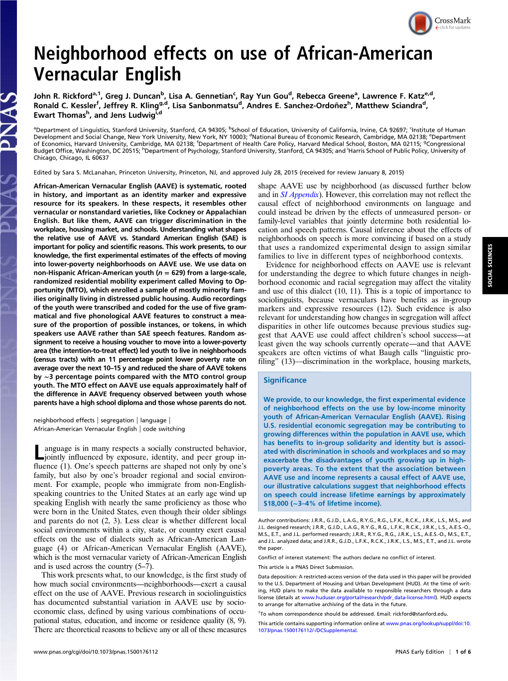 Neighborhood Effects on Use of African-American Vernacular English