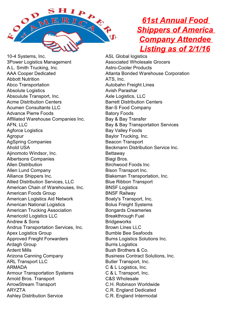 61St Annual Food Shippers of America Company Attendee Listing As of 2/1/16 10-4 Systems, Inc