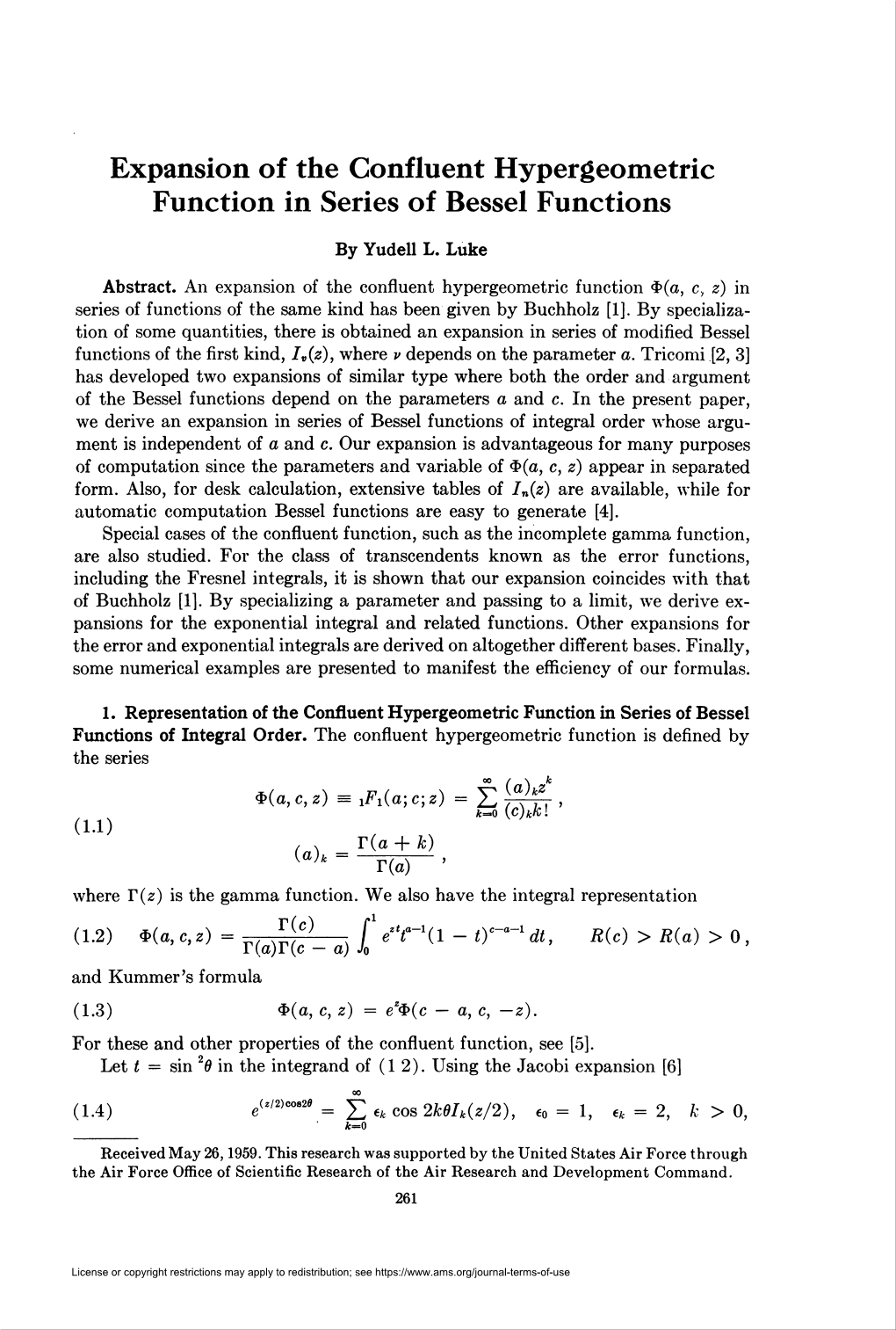 Expansion of the Confluent Hypergeometric Function in Series of Bessel Functions