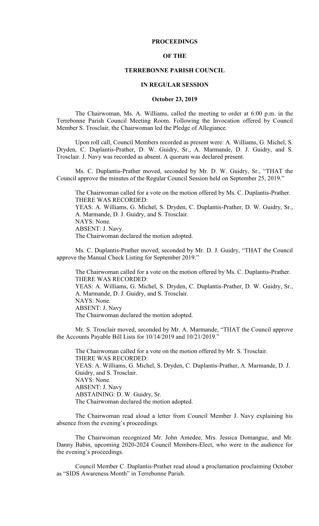 Minutes of the Regular Council Session Held on September 25, 2019.”