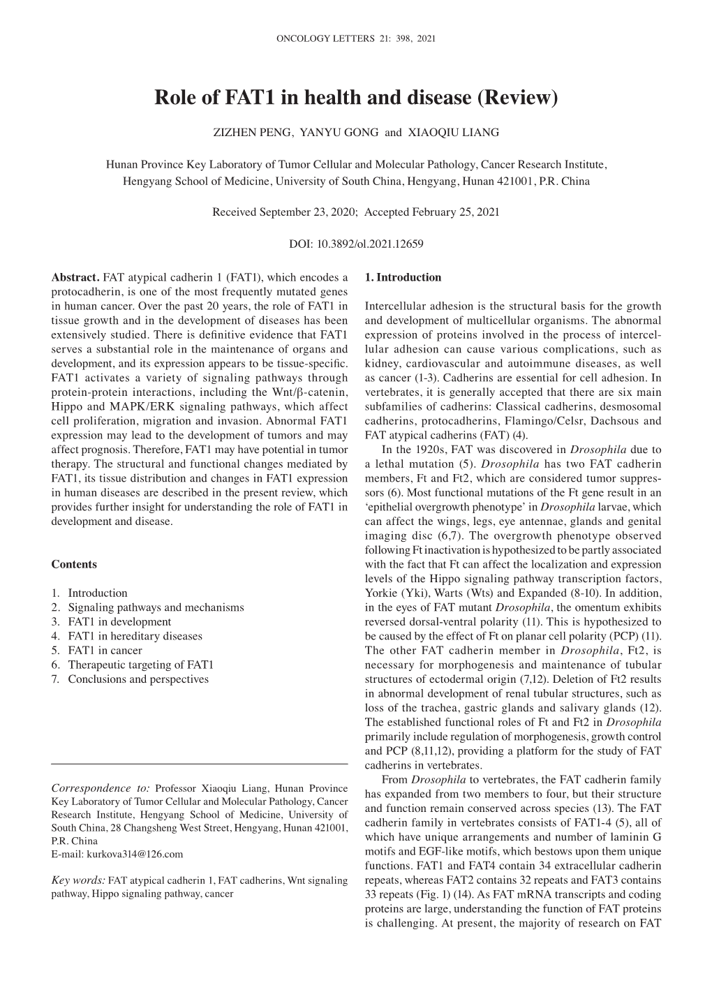 Role of FAT1 in Health and Disease (Review)