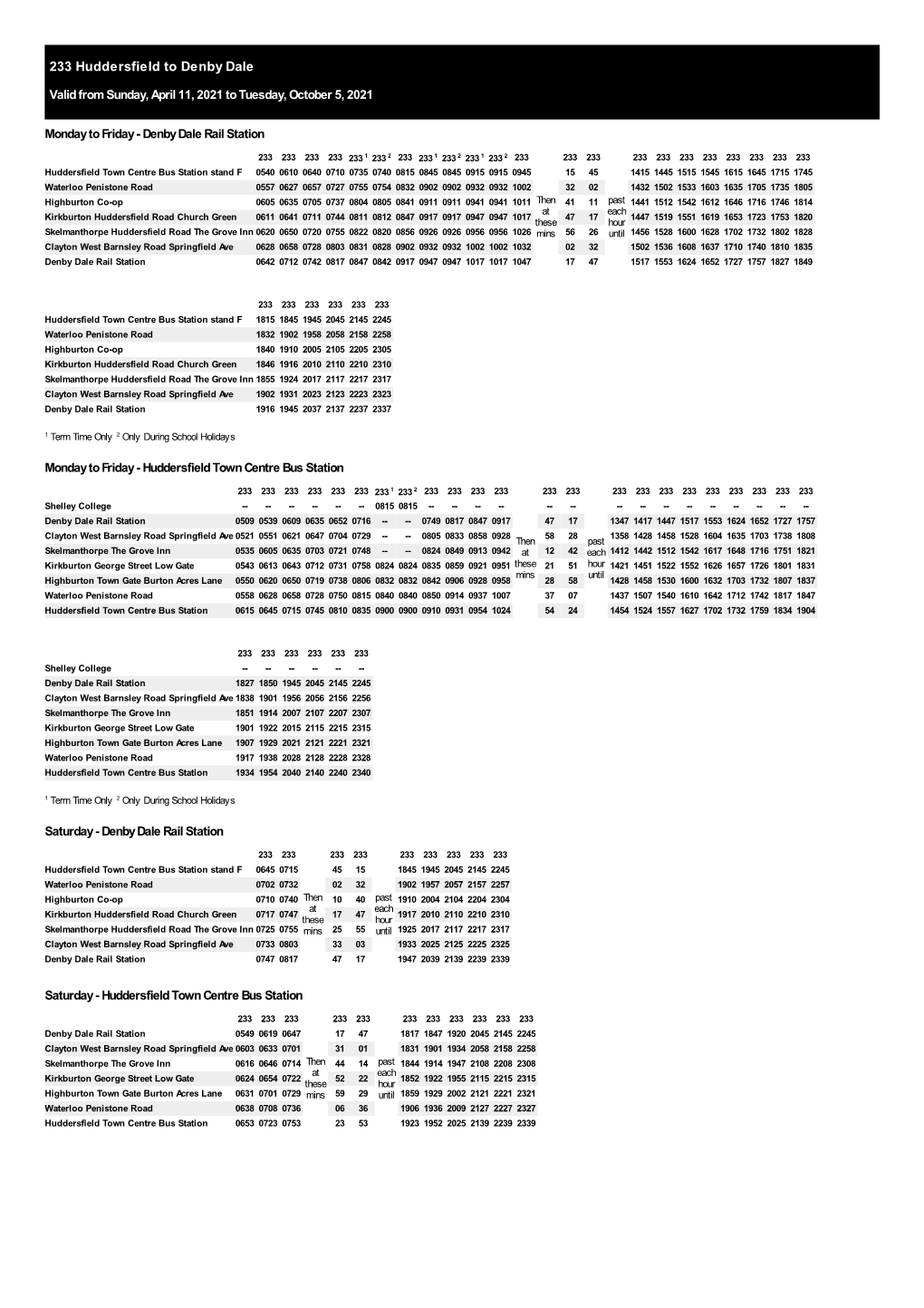 233 Huddersfield to Denby Dale Valid from Sunday, April 11, 2021 to Tuesday, October 5, 2021