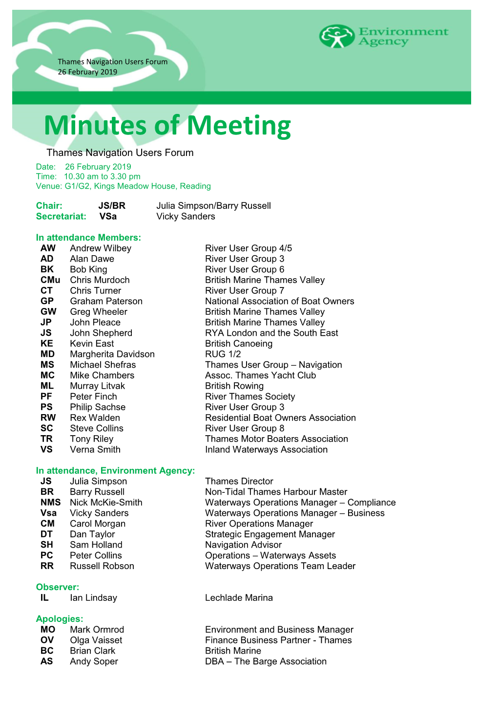 Minutes of Meeting Thames Navigation Users Forum