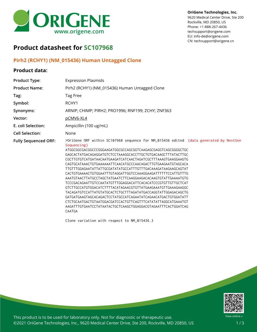 Pirh2 (RCHY1) (NM 015436) Human Untagged Clone Product Data