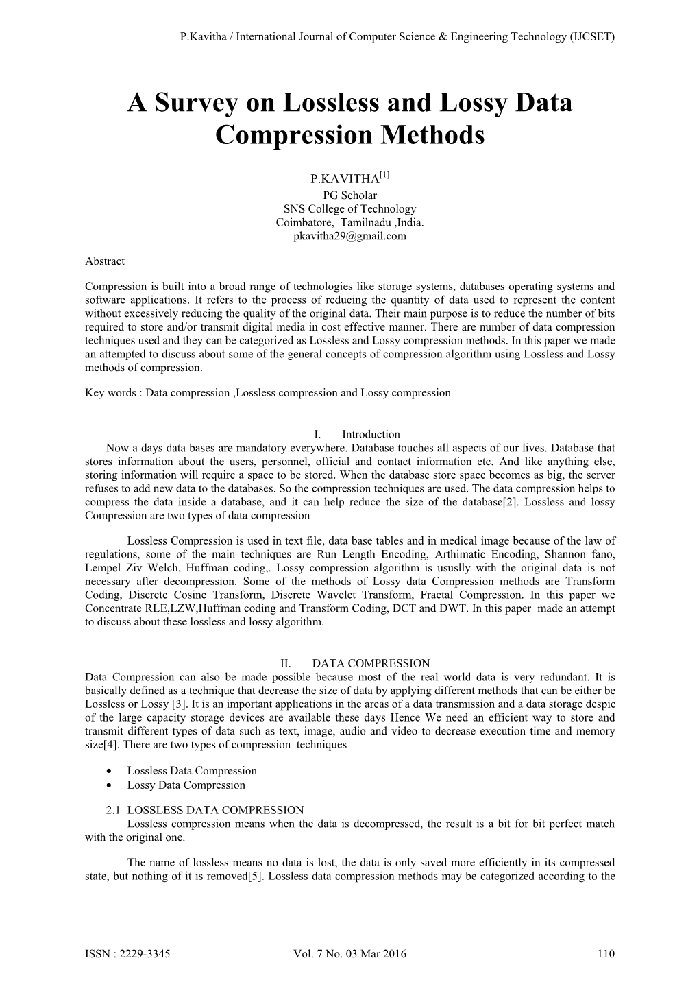 A Survey on Lossless and Lossy Data Compression Methods