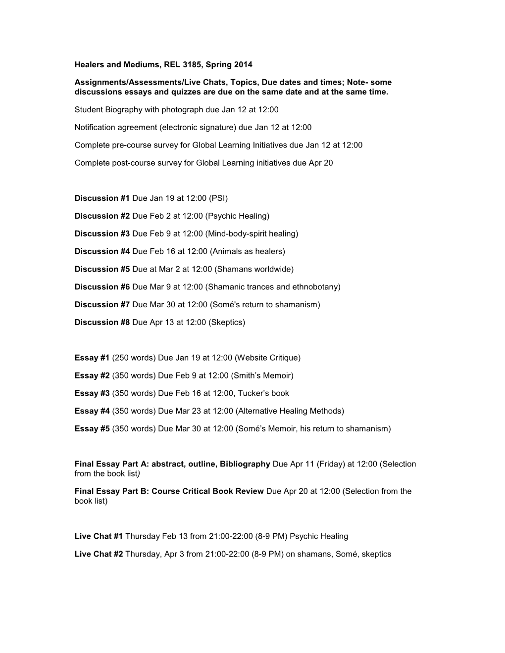 Healers and Mediums, REL 3185, Spring 2014 Assignments