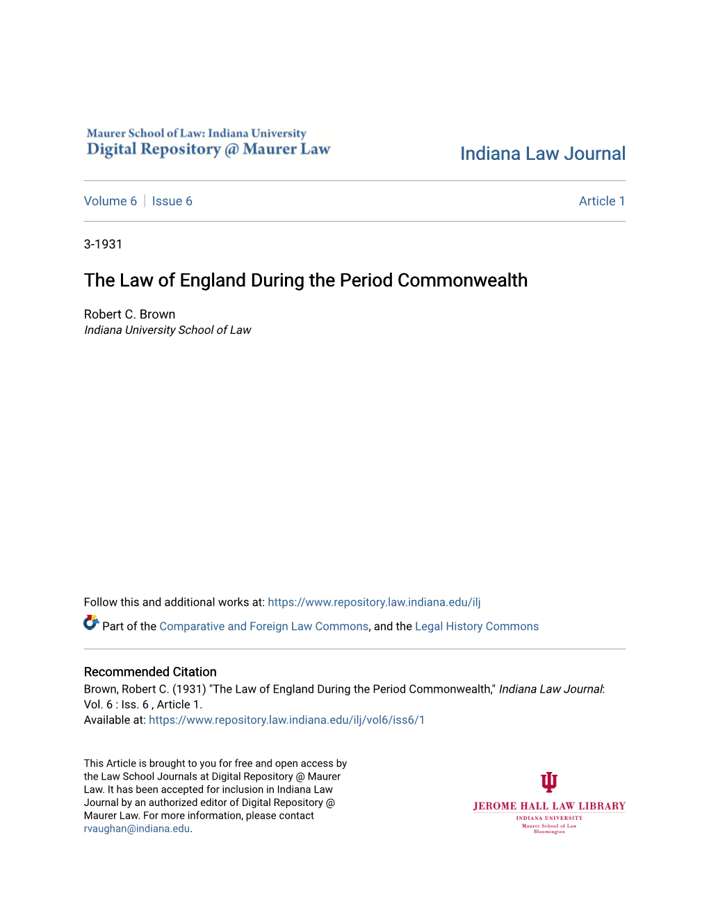 The Law of England During the Period Commonwealth