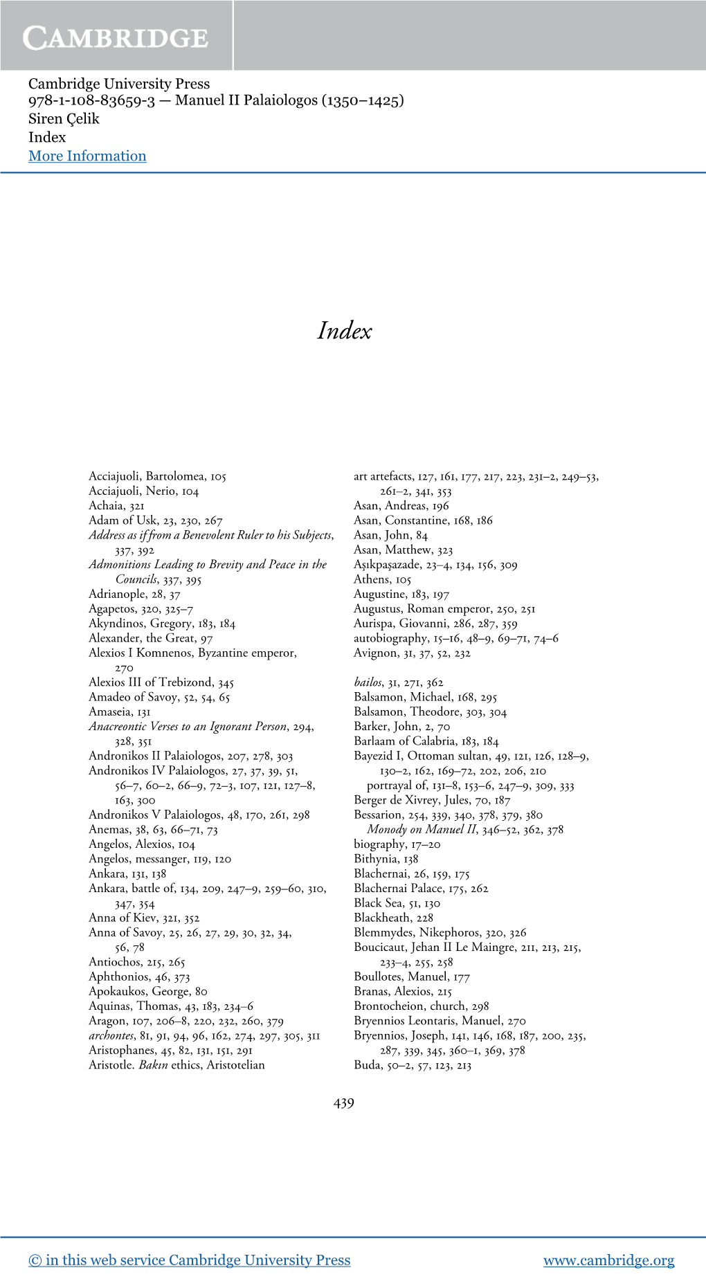 Manuel II Palaiologos (1350–1425) Siren Çelik Index More Information