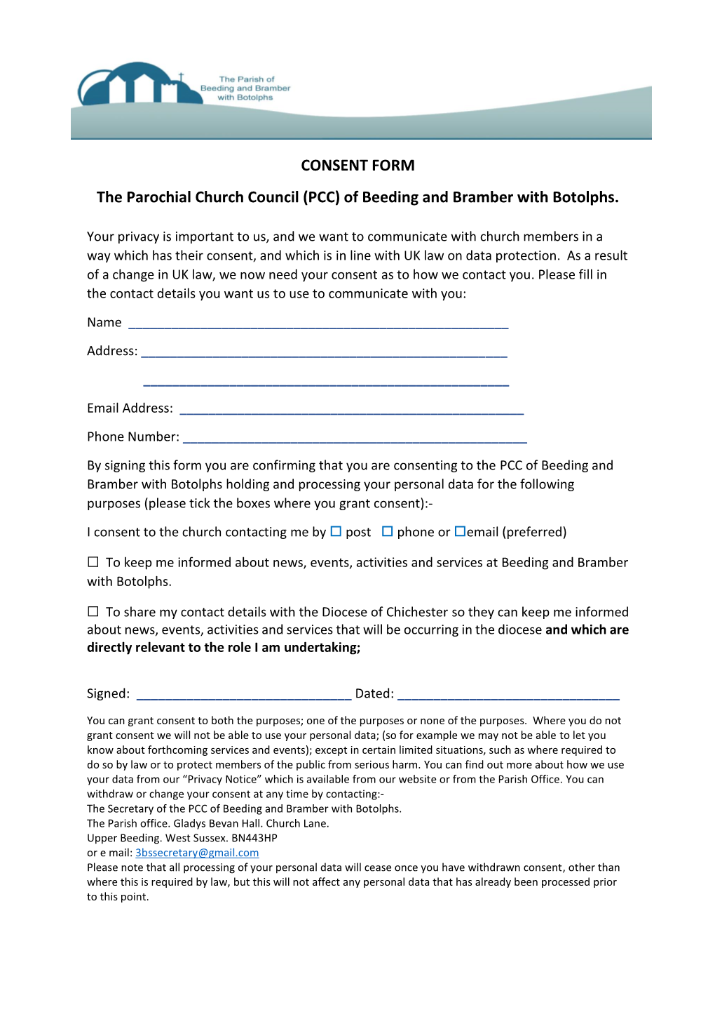 CONSENT FORM the Parochial Church Council (PCC) of Beeding and Bramber with Botolphs